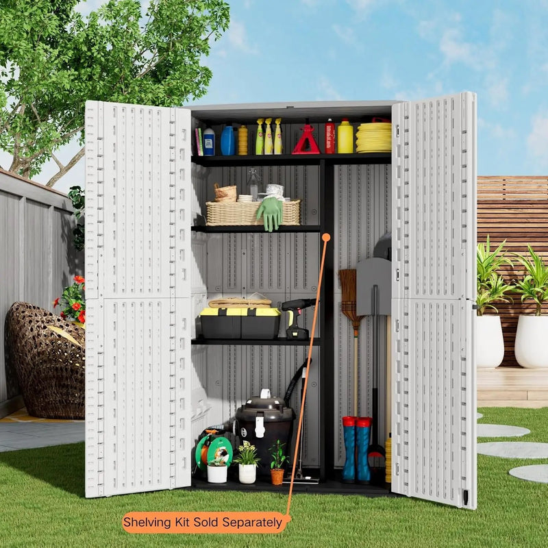 ZZM Resin Outdoor Storage Shed, 67 Cu.ft Vertical Resin Tool 4x6 FT Cabinet w/o Shelf for Garden, Patio, Backyard, All-Weather Outdoor Plastic Storage Clearance, Lockable with Floor (Light-White) by GreenHaven Gardens