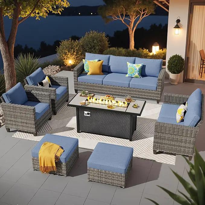 ovios 7 Pieces Patio Furniture Set with 54" Fire Pit Table, Outdoor Wicker Sofa with Comfy Cushions, All Weather High Back Rattan Couch Conversation Set, Denim Blue by GreenHaven Gardens