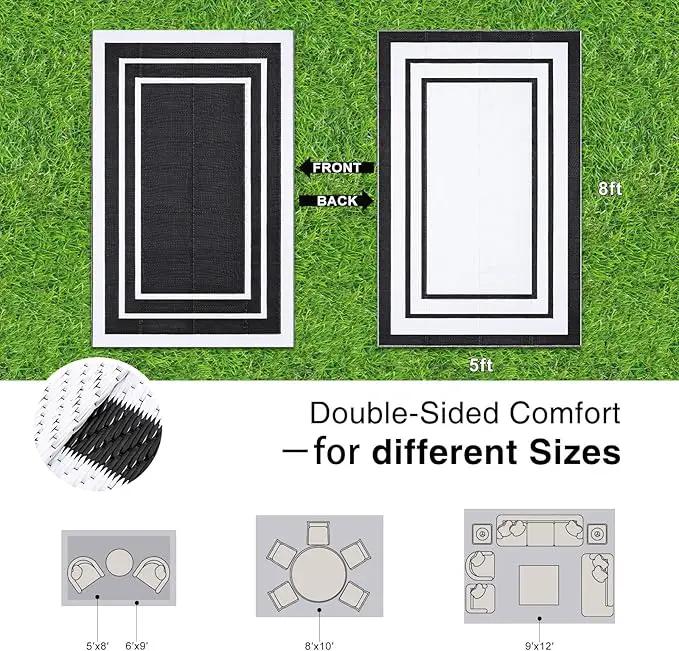 OLANLY Outdoor Rug 5x8 ft Waterproof, Reversible Outdoor Plastic Straw Rug, RV Mat, Indoor Outdoor Carpet Clearance for Patio, Camping, Balcony, Deck, Backyard, Black & White by GreenHaven Gardens