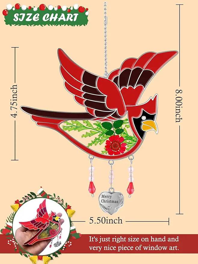 KY&BOSAM Cardinal Suncatcher Merry Christmas Hanging Ornament for Windows Sun Catchers with Pressed Real Flower in Glass and Heart Charm Birthday Gifts for Women Mom Grandma Nana Christmas Day Gifts by GreenHaven Gardens