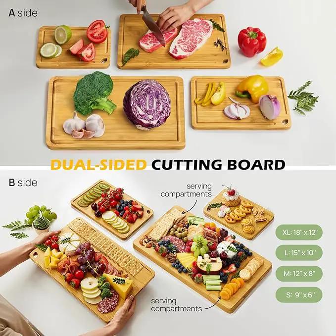 4-Pcs Natural Wood Cutting Board Set Kitchen Tools with Juice Groove, Wooden Chopping Board for Meat, Fruit, Vegetables & Cheese (Pre Oiled, Natural) by GreenHaven Gardens