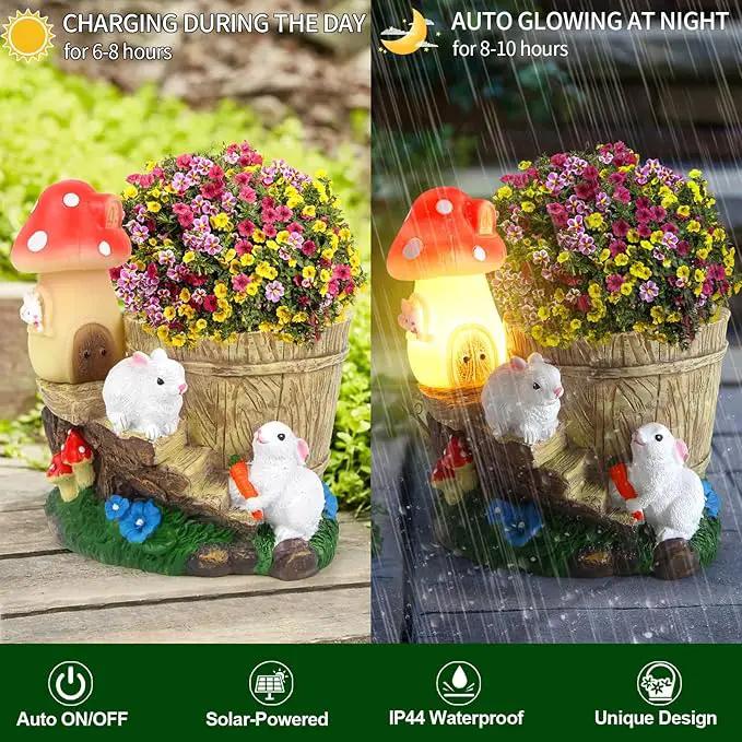 Garden Rabbit Statue,Resin Rabbit Figurine with Solar LED Light,Flower Pots Planters Pots for Succulent,Bunny Statue for Patio Balcony Yard Lawn Decor,Unique Gift for Dad Mom Grandma by GreenHaven Gardens