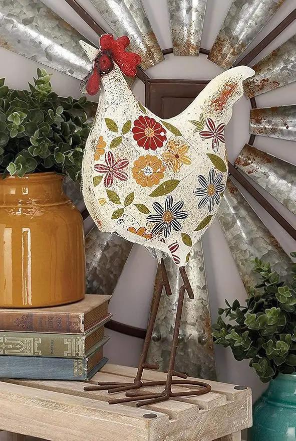 Deco 79 Metal Rooster Decorative Garden Sculpture Indoor Outdoor Distressed Standing Garden Statue with U Shaped Feet, Outdoor Sculpture 10" x 5" x 17", Cream by GreenHaven Gardens