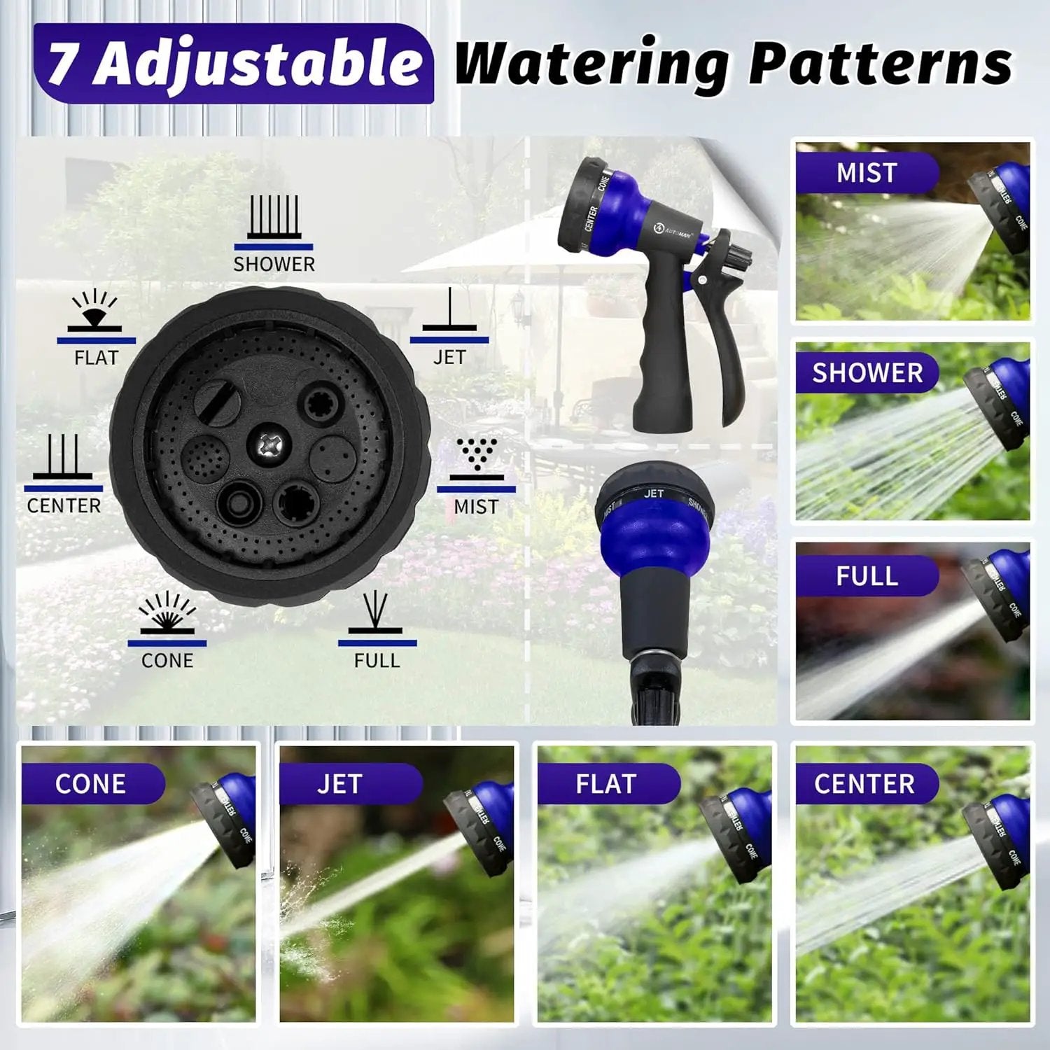 AUTOMAN Garden Hose Nozzle, Water Sprayer Nozzle with 7 Adjustable Watering Patterns,Slip Resistant Nozzle for Plants,Lawn,Washing Cars,Window Cleaning,Showering Pets & Outdoor Fun. by GreenHaven Gardens