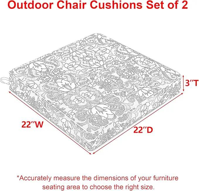 Favoyard Outdoor Chair Cushion 22 x 22 x 3 In Waterproof Pattern Fade Resistant Cushions for Patio Furniture with Removable Cover Attach Straps 28D Foam Insert Cushions Pads for Seat Sofa Couch 2 Pack by GreenHaven Gardens