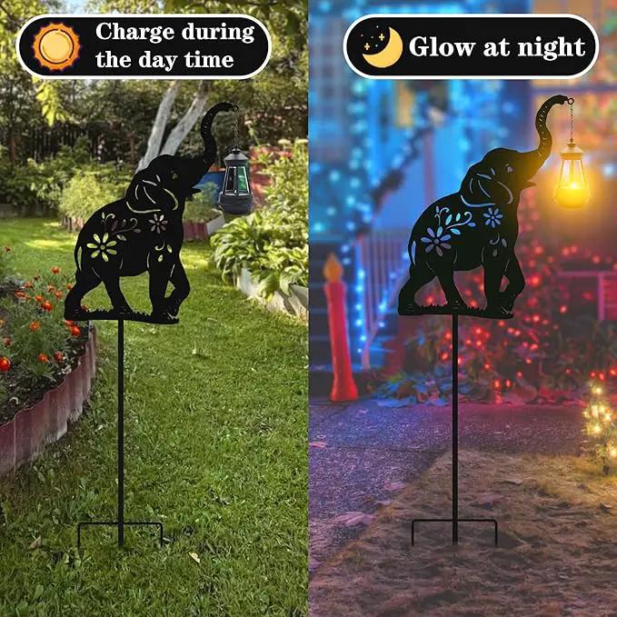 Solar Elephant Garden Stakes Outdoor Solar Decor Metal Elephant Holding Solar Animal Lantern Decorative Garden Metal Animal Stakes Outdoor Elephant Silhouette Stakes by GreenHaven Gardens
