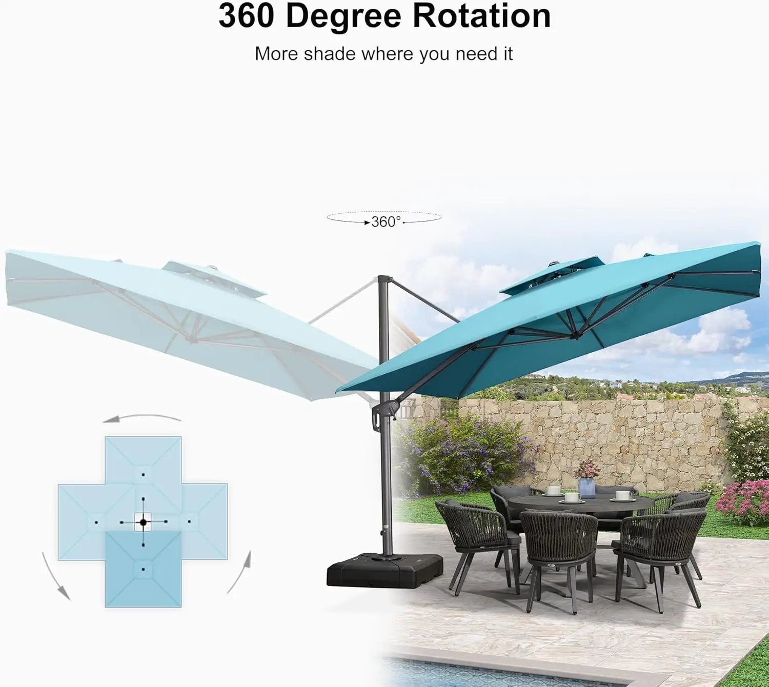 PURPLE LEAF 11FT Cantilever Outdoor Umbrellas Large Patio Umbrella Hanging Double Top Square Offset Umbrella with 360°Rotation Tilting Umbrella Outdoor Patio, Turquoise Blue by GreenHaven Gardens