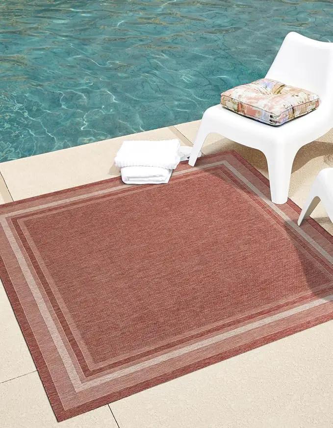 Unique Loom Outdoor Border Collection Area Rug - Soft Border (7' 10" Square Rust Red/Ivory) by GreenHaven Gardens
