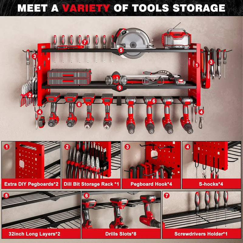 Power Tool Organizer Wall Mount,Cordless Drill Hanger Storage Rack 8 Drill Holder,3 Layers Heavy Duty Power Tool Storage Rackr(Red) by GreenHaven Gardens