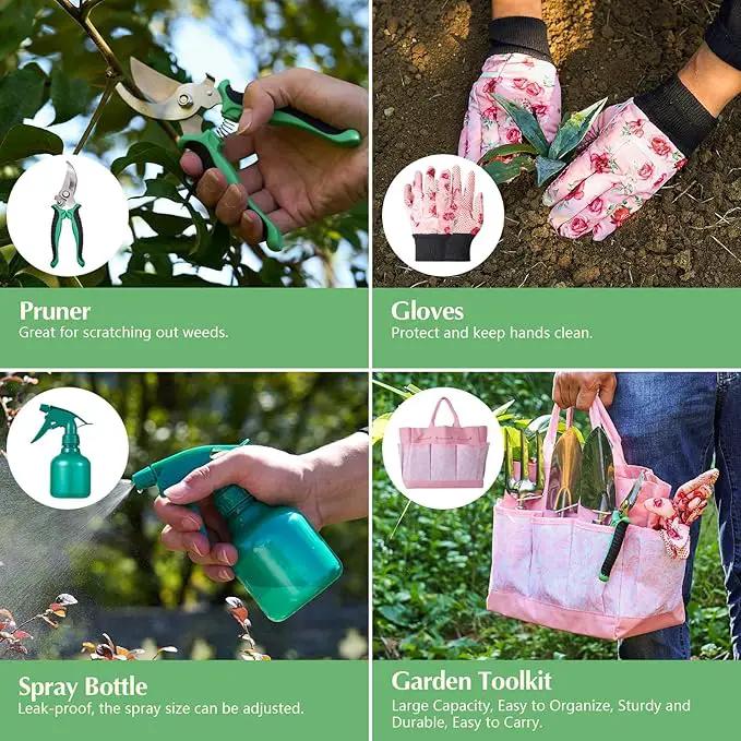 Gardening Tools of 9 Pieces | Stainless Steel Heavy-Duty Gardening Hand Tools with a Delicate and Durable Storage Bag and Anti-Slip Rubber Gloves | Pink by GreenHaven Gardens