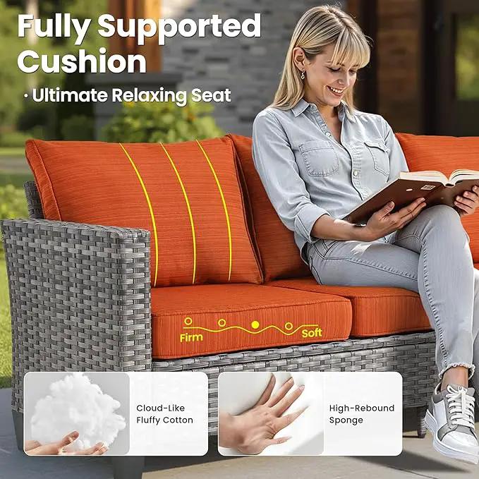 ovios 8 Pieces Patio Furniture Set with 30" Fire Pit Table, Outdoor Wicker Sofa with Comfy Cushions, All Weather High Back Rattan Couch Conversation Set, Orange Red by GreenHaven Gardens