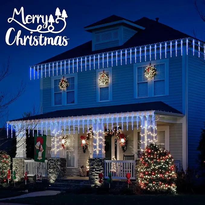 Christmas Icicle Lights Outdoor, 10Ft. Meteor Shower Lights with 10 Large Icecycles, Snowfall Shooting Star Light Effect, Falling Crystal Christmas Decorations for House Eave Roofline Patio, Blue by GreenHaven Gardens