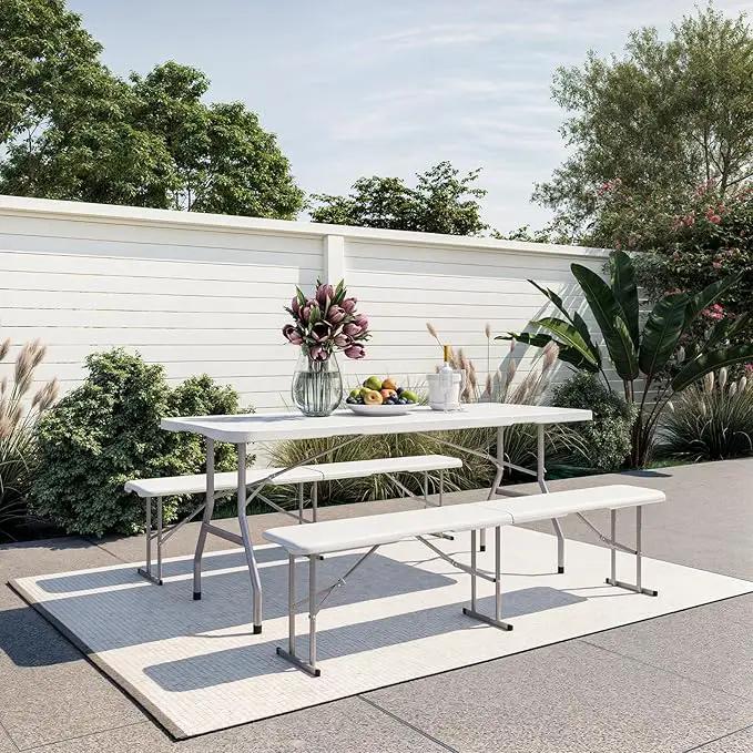 6ft HDPE Folding Bench, Foldable Seat with Sturdy Frame and Security Lock for Indoor and Outdoor, Multipurpose Entertaining Activities, Portable and Easy to Store, 2 Pack, White by GreenHaven Gardens