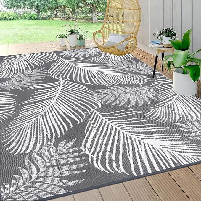 Pauwer Waterproof Outdoor Rug 8x10, Reversible Plastic Straw Patio Camping Rug, Indoor Outdoor RV Mat Carpet for Deck, Camper, Porch, Balcony, Backyard, Picnic, Leaf Grey by GreenHaven Gardens