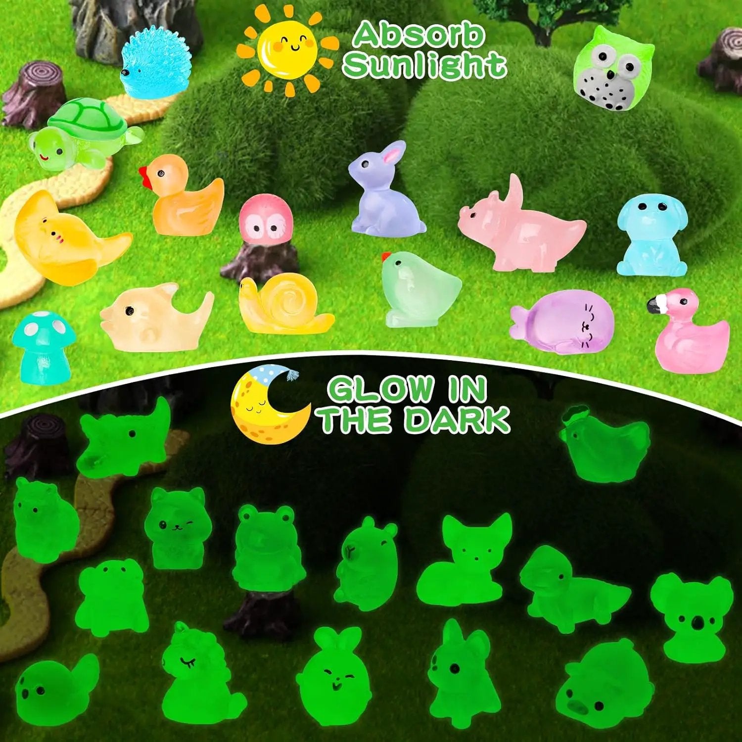 200pcs Luminous Mini Resin Animals 30 Types Miniature Resin Animal Figurines to Hide Bulk Glow in The Dark Tiny Ducks Frogs Small Cat Bunnies for Fairy Garden Micro Landscape Dollhouse Accessories by GreenHaven Gardens