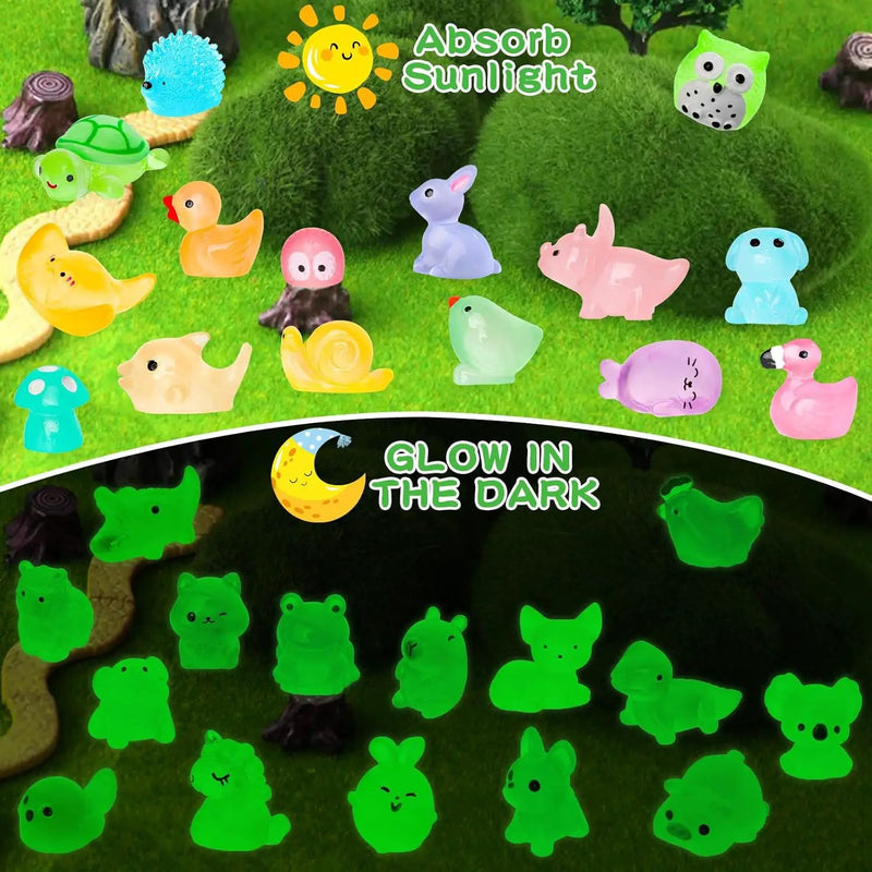 200pcs Luminous Mini Resin Animals 30 Types Miniature Resin Animal Figurines to Hide Bulk Glow in The Dark Tiny Ducks Frogs Small Cat Bunnies for Fairy Garden Micro Landscape Dollhouse Accessories by GreenHaven Gardens