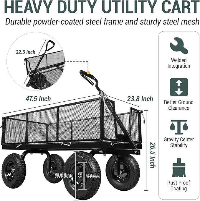 Taifa Heavy Duty 1100 Lbs Capacity Steel Garden Cart with 11.5 inch Tire, Removable Side Panels Turn Into Flatbed, Utility Cart for Yard Lawn and Farm, Metal Wagon with 180° Rotating Handle, Black by GreenHaven Gardens