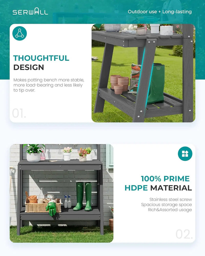 SERWALL Potting Bench Outdoor with Storage Set of 2, 3-Tier HDPE Gardening Table with Angled Legs & Tool Hooks, All-Weather Heavy Duty Potting Table for Patio, Backyard, Garden, Gray by GreenHaven Gardens
