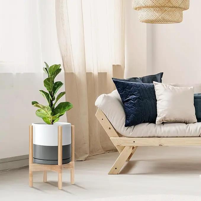 D'vine Dev Ceramic Planter with Natural Stand - 10 Inch Modern Round Flower Pot with Wood Planter Holder, White/Grey, 55-B-K-6 by GreenHaven Gardens