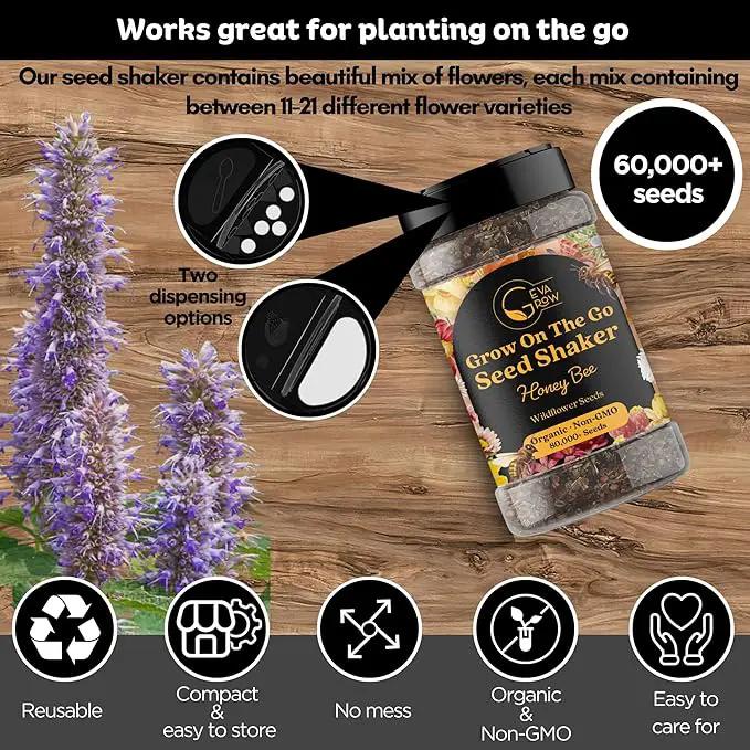Mini Wildflower Seed Shaker – Honey Bee Wildflower Mix, by GevaGrow | Bulk 90,000+ Seeds | Pollinator Bee Attracting Flower Seeds for Planting in Pots & Outdoor Gardens | No Messy Packets by GreenHaven Gardens