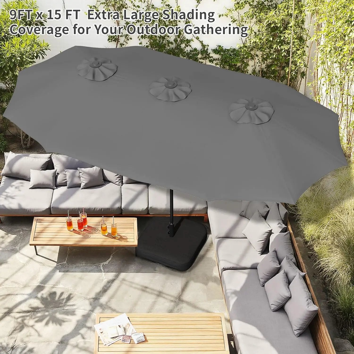 Shintenchi 16FT Large Patio Umbrella with Base, Outdoor Double-Sided Rectangular Umbrella, Market Umbrella with Crank Handle for Poolside Lawn Garden, Gray by GreenHaven Gardens