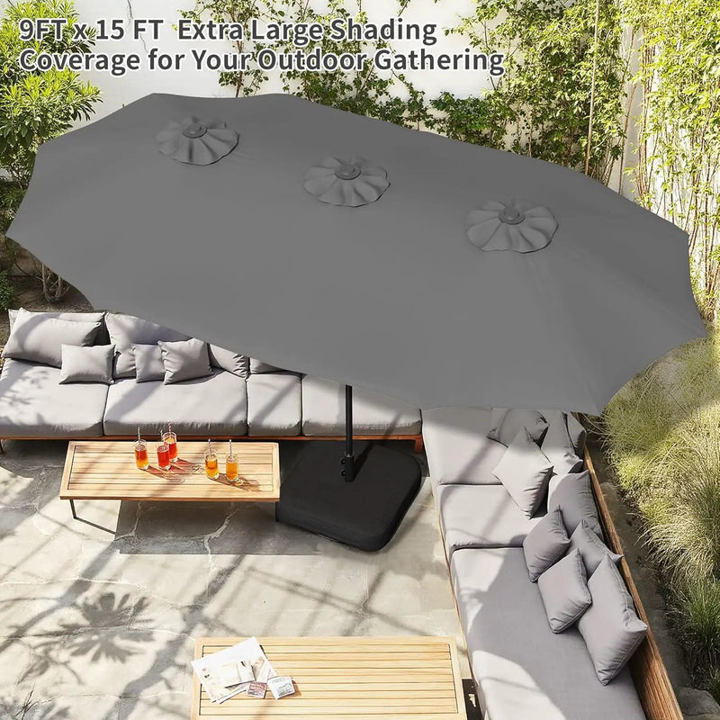 Shintenchi 16FT Large Patio Umbrella with Base, Outdoor Double-Sided Rectangular Umbrella, Market Umbrella with Crank Handle for Poolside Lawn Garden, Gray by GreenHaven Gardens