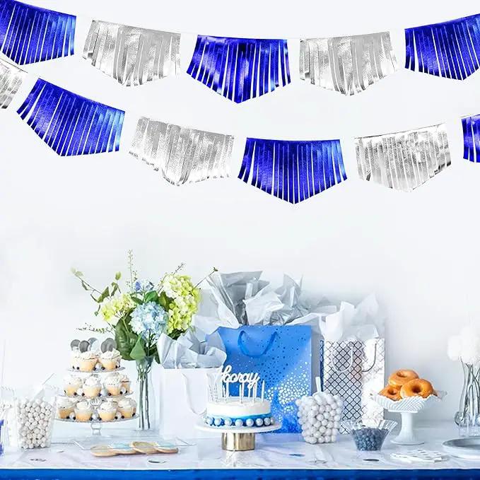 Royal Blue Silver Tassel Banner Metallic Fabric Pennant Bunting Flag for Graduation Birthday Retirement Bachelorette Engagement Wedding Bridal Shower Navy Nautical Ahoy Achor Party Decoration Supplies by GreenHaven Gardens
