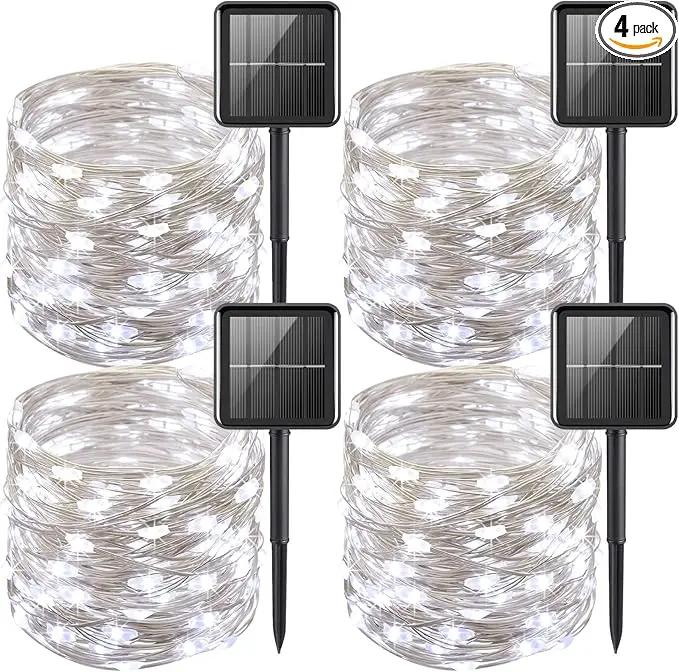 YEGUO White Solar Fairy Lights Outdoor Waterproof, 4 Pack Each 33ft 100 LED String Light, 8 Modes Silver Wire Twinkle Lights by GreenHaven Gardens