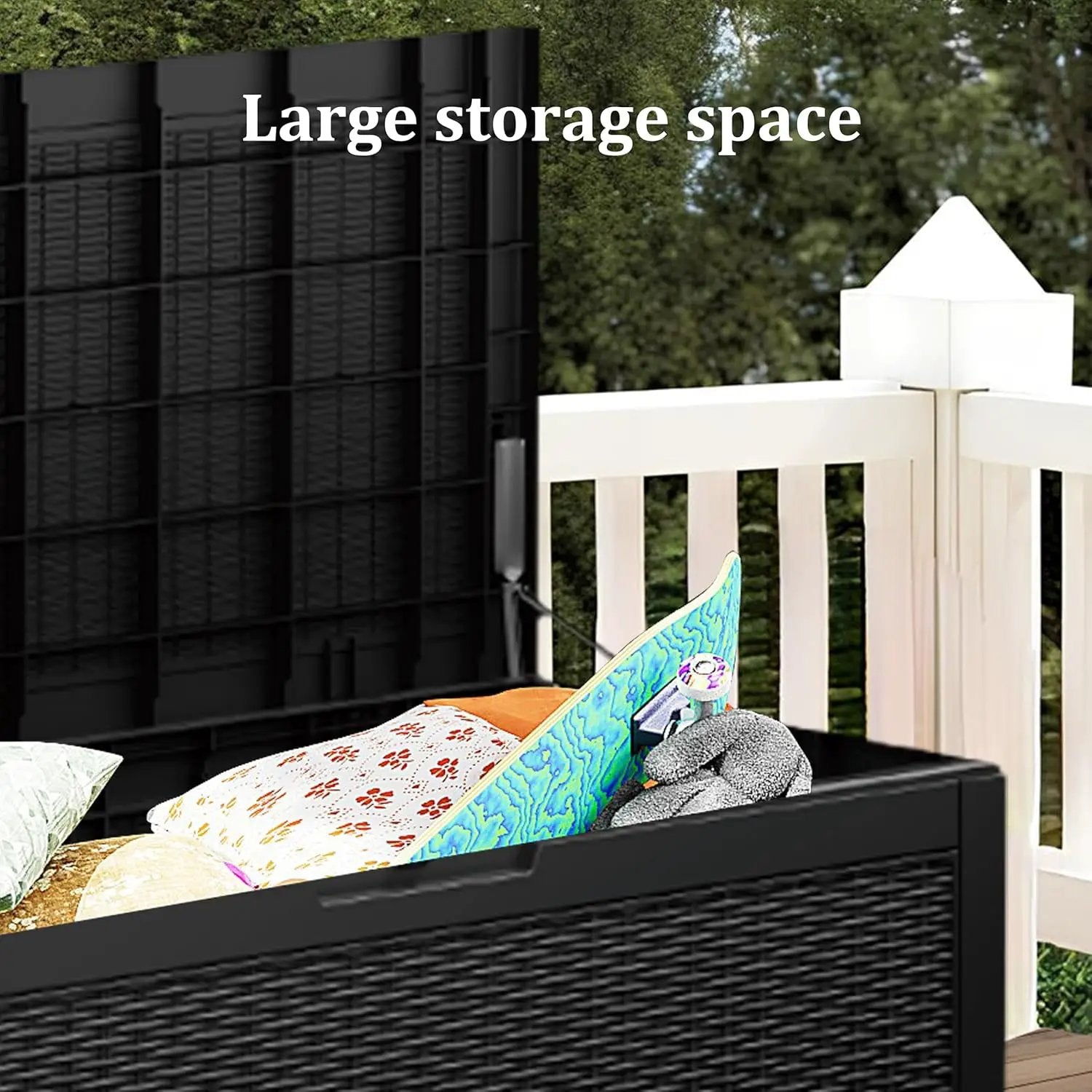 100GAL Black Wicker - Textured Outdoor Deck Box with Lockable – Waterproof, SGS - Verified UV Resistance, Stylish Storage for Patio Furniture & Outdoor Toys, Quick Assembly by GreenHaven Gardens