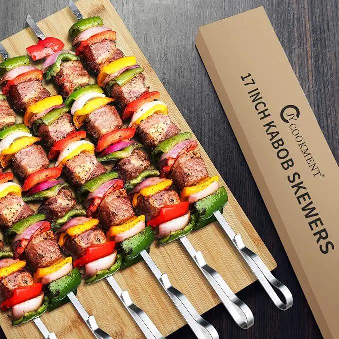 Kabob Skewers 17" Stainless Steel Long BBQ Barbecue Skewers, Flat Metal Kebob Sticks Wide Reusable Grilling Skewers for Meat Chicken,Set of 12 with Storage Bag by GreenHaven Gardens