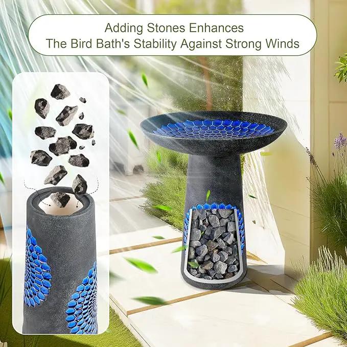 21.5'' Tall Ceramic Bird Bath for Outdoor, Heavy Duty - Cold-Weather Resistant Bird Bath, Garden and Patio Décor - Diamond Blue by GreenHaven Gardens