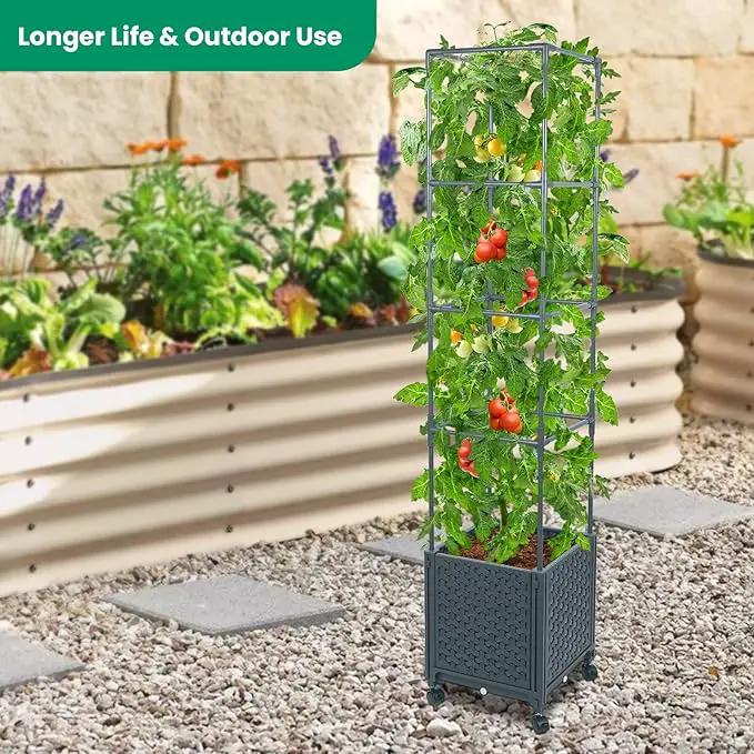 GREEN MOUNT Raised Garden Bed Planter Boxes with Trellis for Climbing Vegetables Plants, 56.7" Tomatoes Planters Outdoor Tomato Cage w/Wheels by GreenHaven Gardens