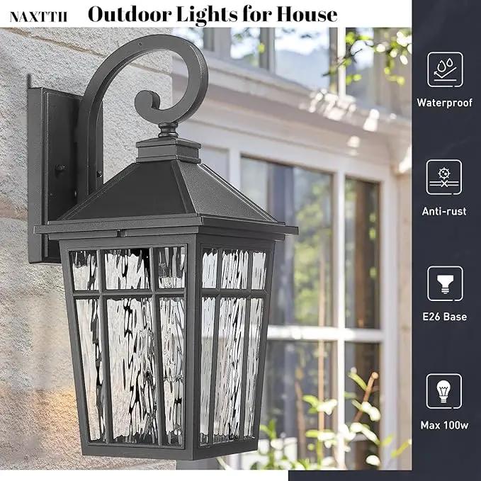 Outdoor Light Fixture 14 Inch Height Outside Wall Lights Black Finish and Water Ripple Glass Exterior Lights for House Garage Porch and Garden E26 Socket 2-Pack by GreenHaven Gardens