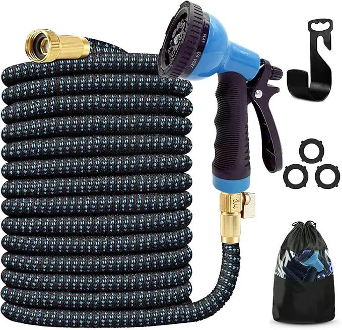J&B XpandaHose 100ft Expandable Garden Hose with Holder - Heavy Duty Superior Strength 3750D - 4 -Layer Latex Core - Extra Strong Brass Connectors and 10 Spray Nozzle w/Storage Bag (Blue 100) by GreenHaven Gardens