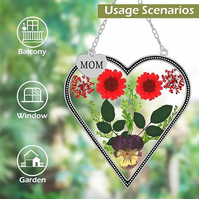 KY&BOSAM Heart Suncatcher Mom Gifts Glass Butterfly Suncatchers for Window Hanging with Pressed Flower Between Heart in Glass and Metal Charm Gifts for Mom Mother's Day Valentine's Birthday Christmas by GreenHaven Gardens