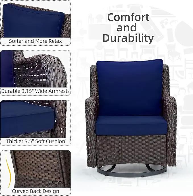 Towallmark Outdoor Swivel Wicker Glider Patio Chairs with Table Set, 3 Pieces Outdoor Bistro Set with 4”Thick Cushions and Coffee Table for Porch, Balcony, Deck (Blue) by GreenHaven Gardens