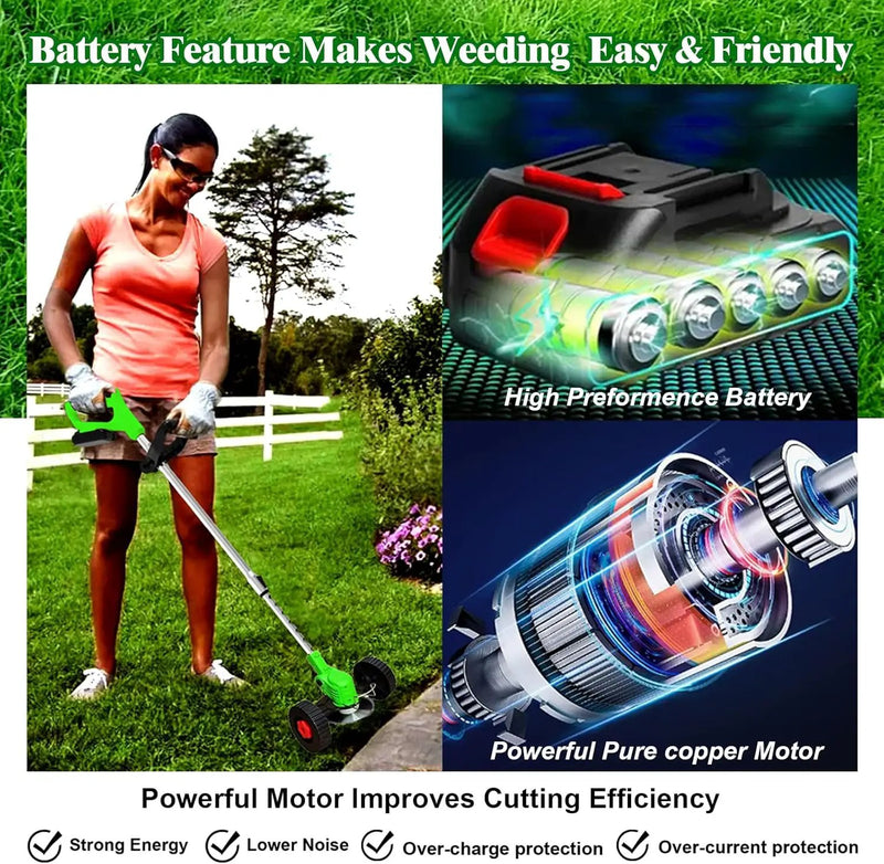 Electric Weed Wacker Eater Cordless Battery Powered, Weed Trimmer 21V Lightweight No-String with 2 Battery Operated & Wheels, 3 in 1 Stringless Grass Trimmer/Edger/Brush Cutter for Garden Yard Lawn by GreenHaven Gardens