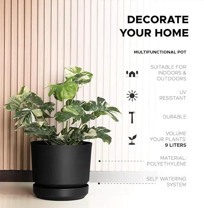 Elly Décor 10 inch Plastic Cylinder Planter Pot with Self-Watering Saucer and Drainage Hole,Lightweight & Extremely Durable, 10"x 10", Black by GreenHaven Gardens