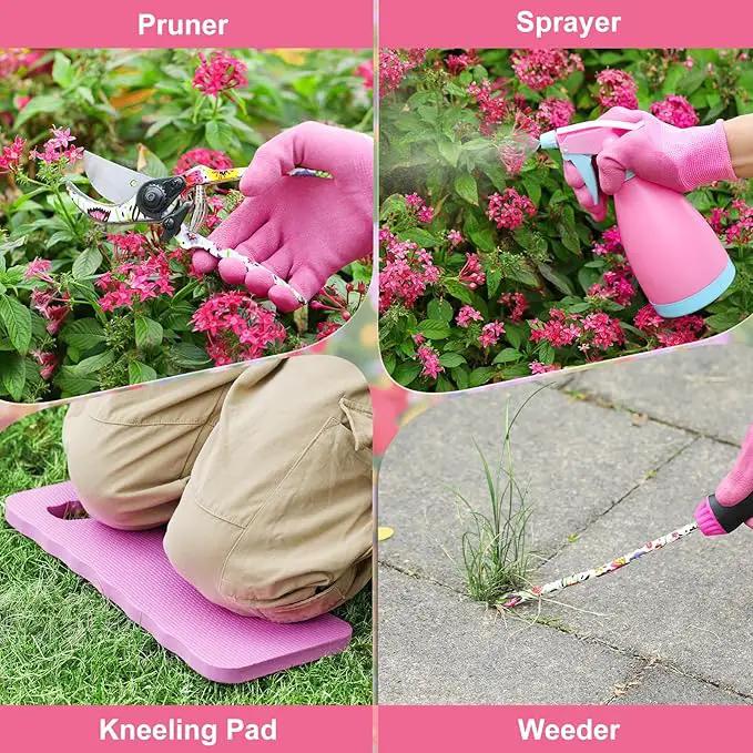 Gardening Tools Set, 10 PCS Stainless Steel Heavy-Duty with Non-slip Soft Rubber Handle with Large Garden Bag, Floral Pattern Gardening Tool Set Gifts for Women Birthday Mother's Day, Pink by GreenHaven Gardens