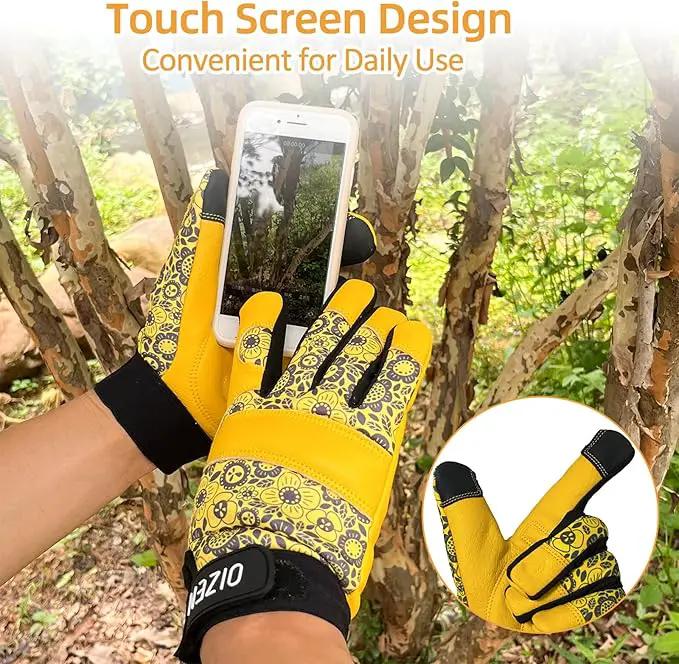 Cowhide Leather Thorn Proof & Puncture Resistant Gardening Gloves for Women and Men, Touchscreen Compatible Working Gloves for Weeding, Digging, Planting, Gardening Gifts for Women (Size Medium) by GreenHaven Gardens