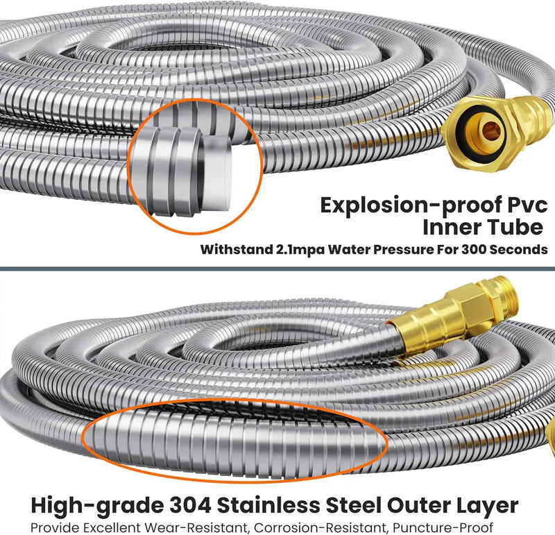 Girafe Tools Garden Hose 75ft x 5/8", 304 Stainless Steel Metal Water Hose, No Kink Garden Water Hose with 9 Pattern Spray Nozzle, Flexible, Lightweight, Kink Free Hose for Yard, Outdoor by GreenHaven Gardens