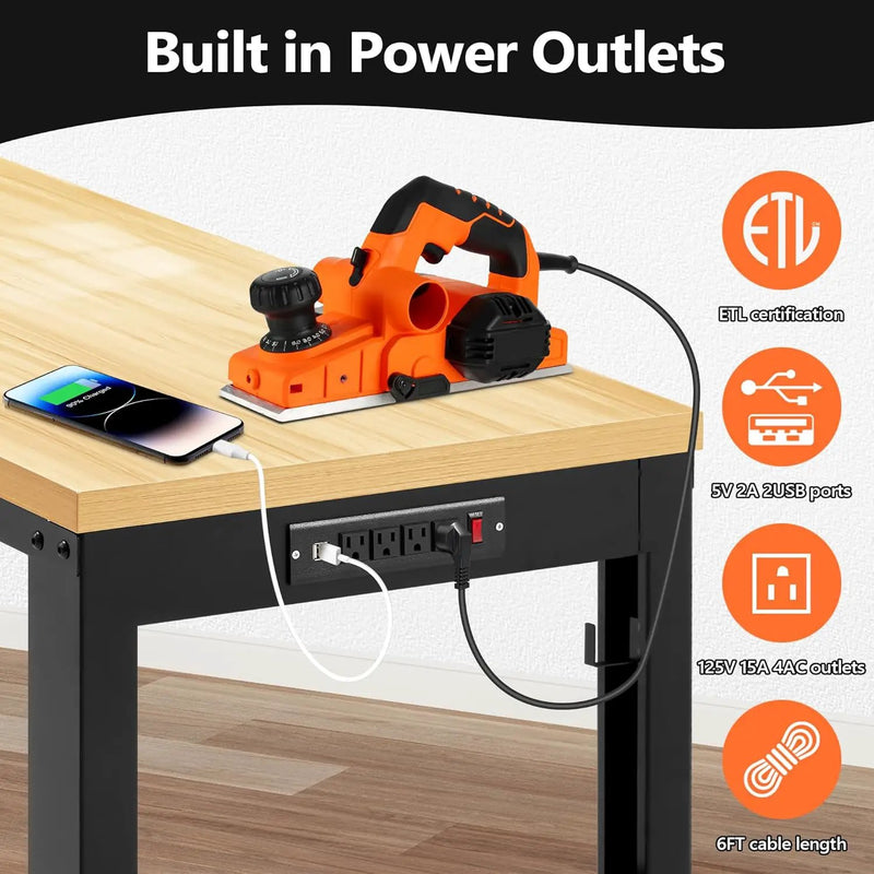 48” Adjustable Workbench，Heavy Duty Wood Work Bench 2000 Lbs Load Capacity,Work Table with Power Outlet and Wheels for Garage, Workshop, Office, Home by GreenHaven Gardens