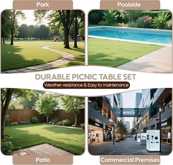 6FT Outdoor Picnic Table and Bench Set with 2" Umbrella Hole, WPC Tabletop Seattop Patio Dining Set for 6 People, Outdoor Dining Table and Chair for Park Garden Yard Patio- Brown by GreenHaven Gardens
