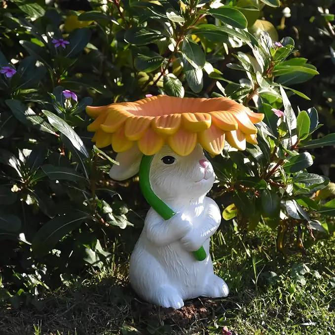 Solar Garden Decor Bunny Garden Statue Easter Decorations Outdoor Resin Sunflower Rabbit Statue with Bird Feeder Patio Decor Bunny Figurines with Lights Yard Decorations Easter Gifts for Women by GreenHaven Gardens