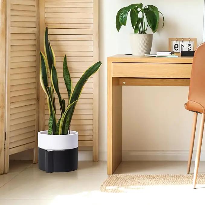 8 Inch Self-Watering Planter Pot with Terracotta Insert, Deep Water Reservoir, and Ceramic-Alike BPA-Free Plastic Planter Pot for Plant, Modern Planter for Houseplants, Black/White, 53-C-T-7 by GreenHaven Gardens