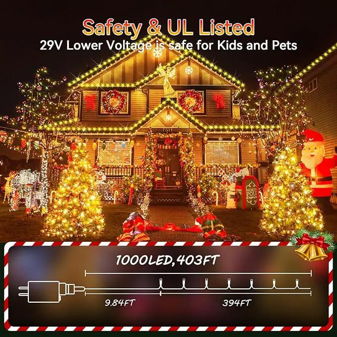 Hezbjiti 1000 LED 403 FT Christmas String Lights Outdoor, 8 Lighting Modes IP44 Waterproof Fairy Lights with Timer and Dimmable Function for Home Party Tree Decorations (Warm White, Clear Wire) by GreenHaven Gardens