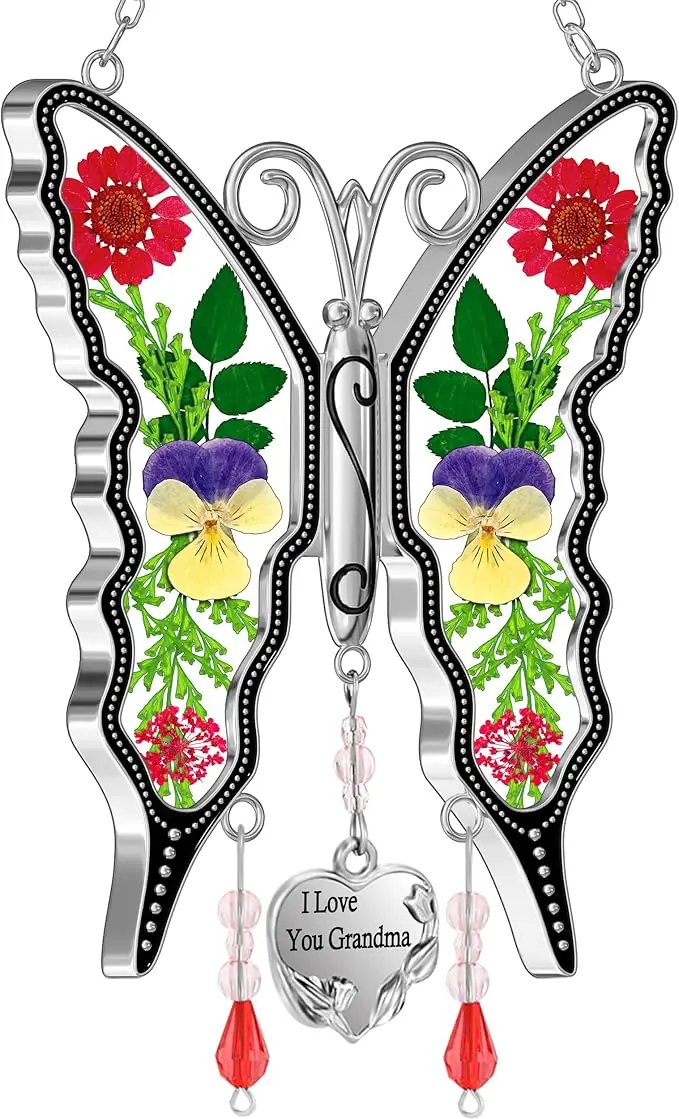 KY&BOSAM Gifts for Women I Love You Grandma Butterfly Suncatcher Stained Glass Suncatchers for Window Hanging Home Decor Garden Wind Chimes Birthday Gifts for Women Mothers Day Valentine's