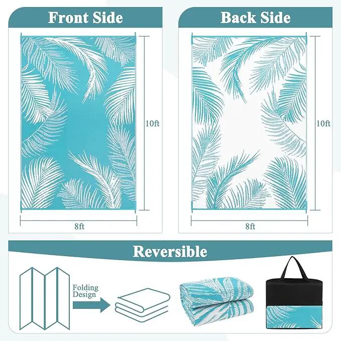 Pauwer Waterproof Outdoor Rug 8x10, Reversible Plastic Straw Patio Camping Rug, Indoor Outdoor RV Mat Carpet for Deck, Camper, Porch, Balcony, Backyard, Picnic, Leaf Teal by GreenHaven Gardens