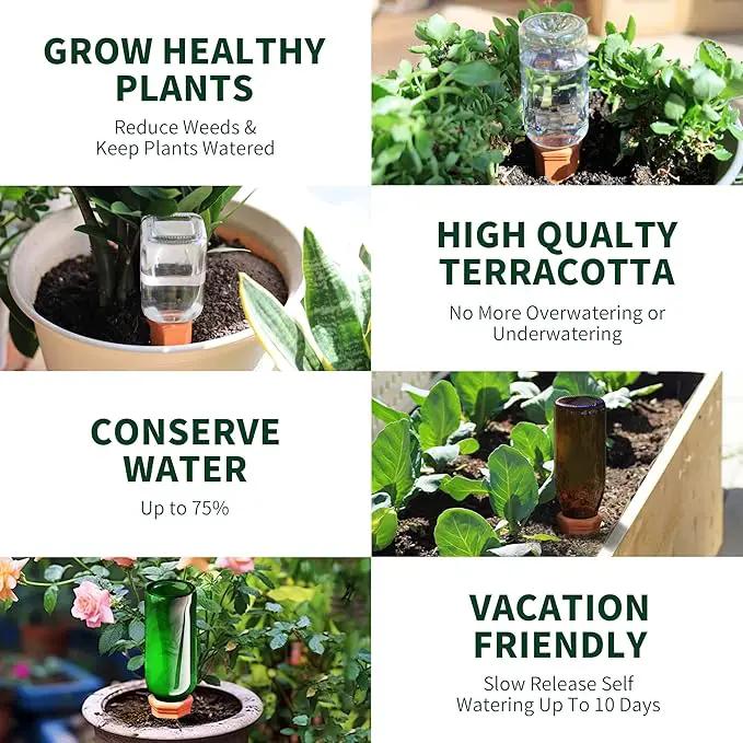 Terracotta Watering Spikes, Wine Bottle Watering Stakes, Slow Release Self Watering Planter Insert for Out | Indoor Plants, Vacation Plant Watering Devices, Automatic Plant Waterer, 4-Pack by GreenHaven Gardens