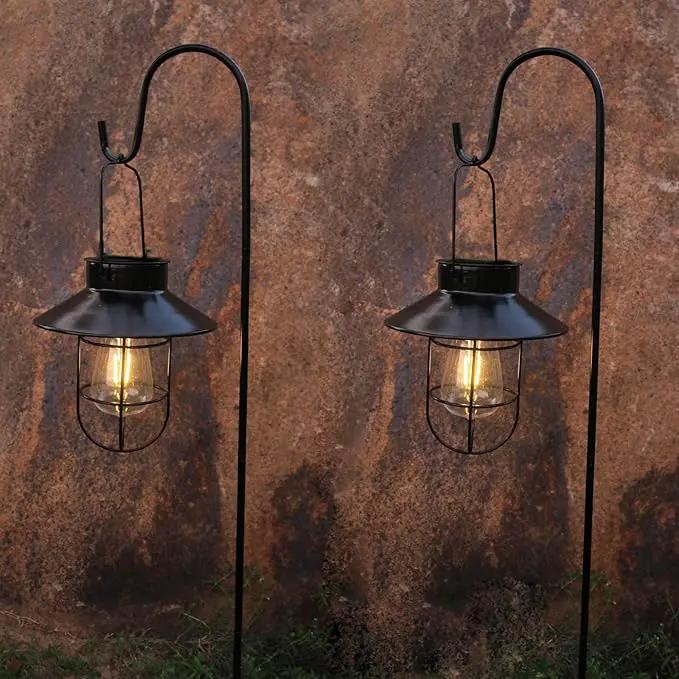 2 Pack Solar Lanterns ,Outdoor Waterproof Solar Lamp with Shepherd Hook, Metal Edison Bulb Lights Gifts for Gifts for Women/Mom Garden Outdoor Pathway Decor (Black) by GreenHaven Gardens